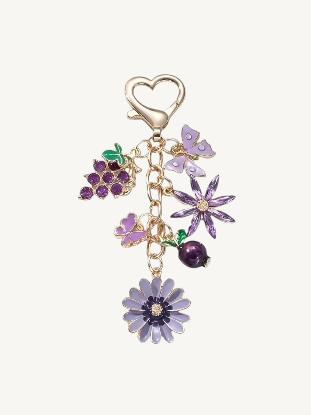 Enamel and Gold Charm Keychain Bag Charm Floral Bee Butterfly Purse Charm - Picture 2 of 16